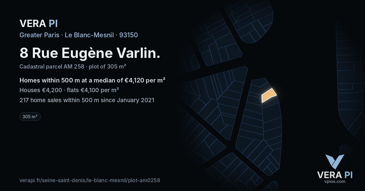 8 Rue Eugène Varlin, Le Blanc-Mesnil at night – the plot lit, the parcels around coloured by the prices near them