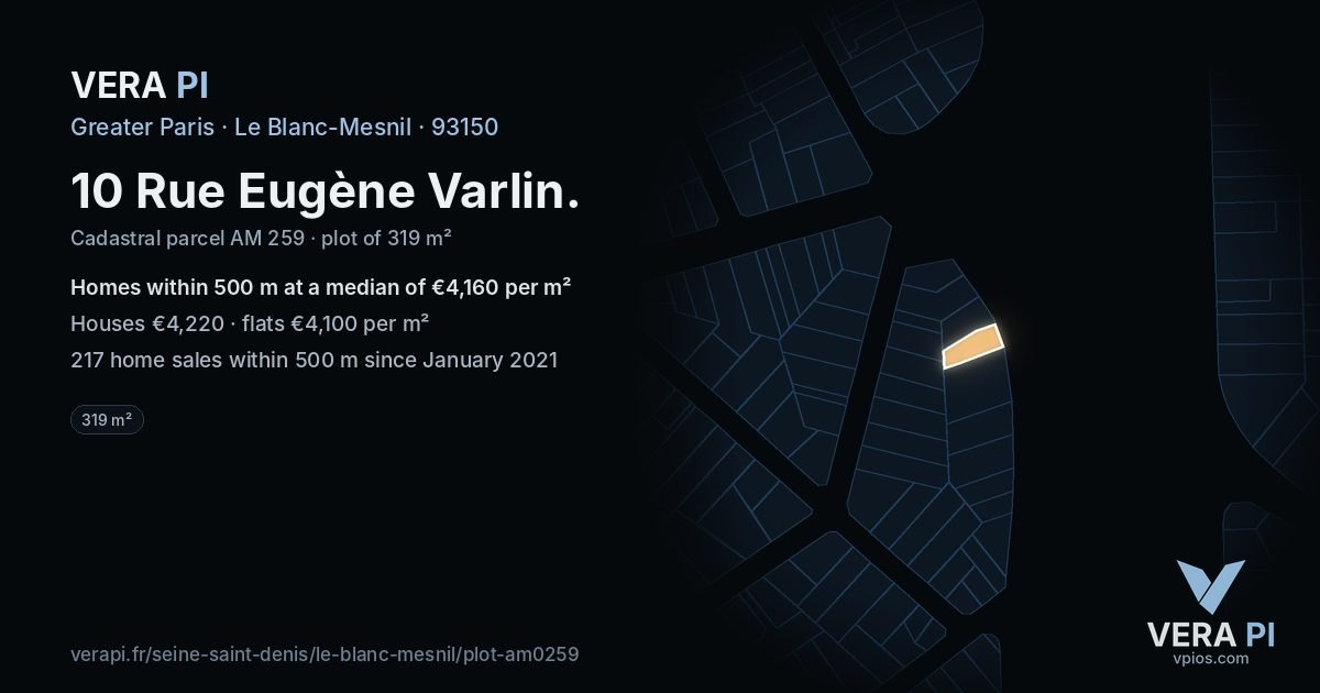 10 Rue Eugène Varlin, Le Blanc-Mesnil at night – the plot lit, the parcels around coloured by the prices near them