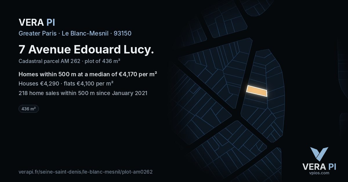 7 Avenue Edouard Lucy, Le Blanc-Mesnil at night – the plot lit, the parcels around coloured by the prices near them