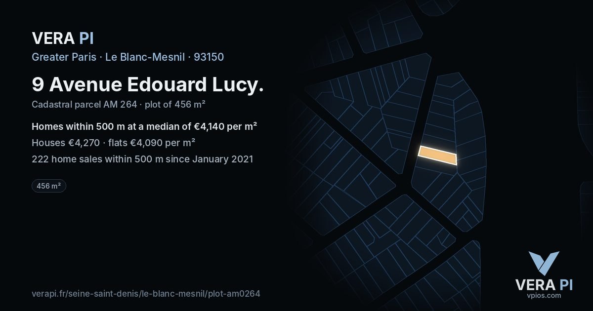 9 Avenue Edouard Lucy, Le Blanc-Mesnil at night – the plot lit, the parcels around coloured by the prices near them