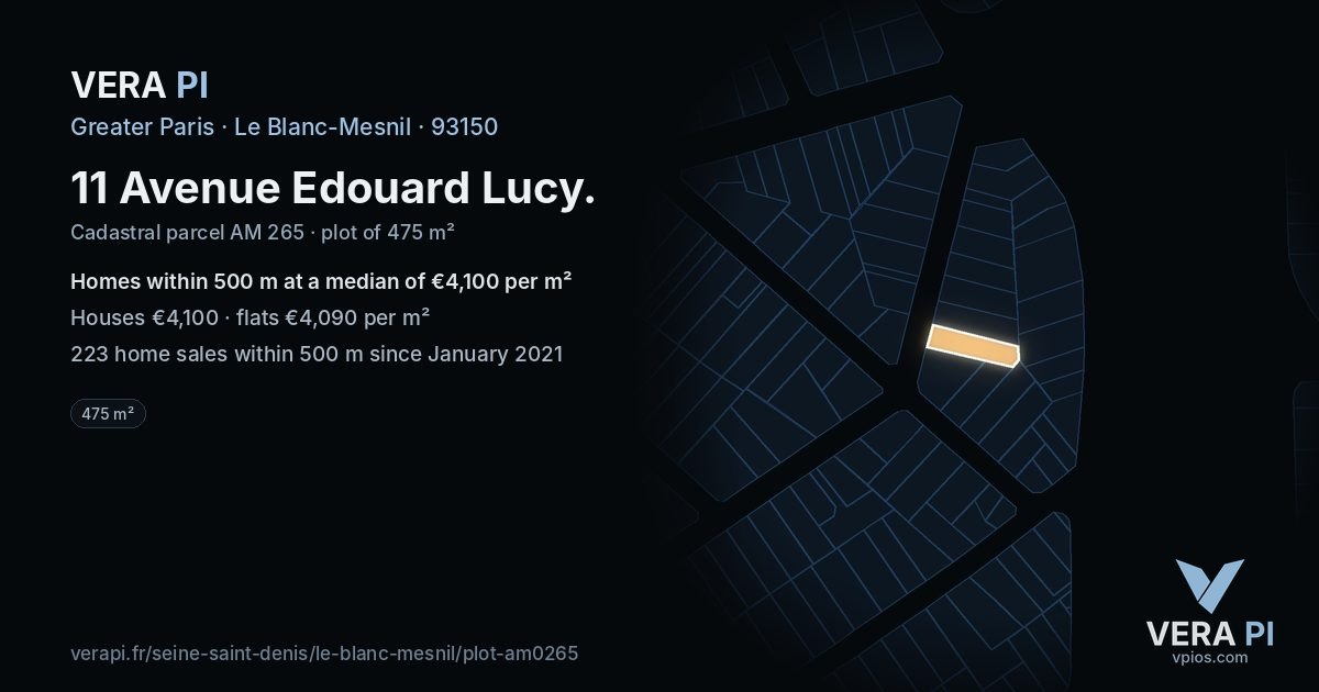11 Avenue Edouard Lucy, Le Blanc-Mesnil at night – the plot lit, the parcels around coloured by the prices near them