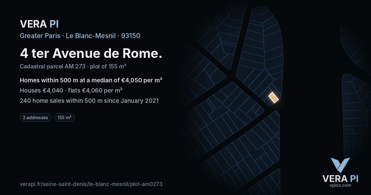 4 ter Avenue de Rome, Le Blanc-Mesnil at night – the plot lit, the parcels around coloured by the prices near them