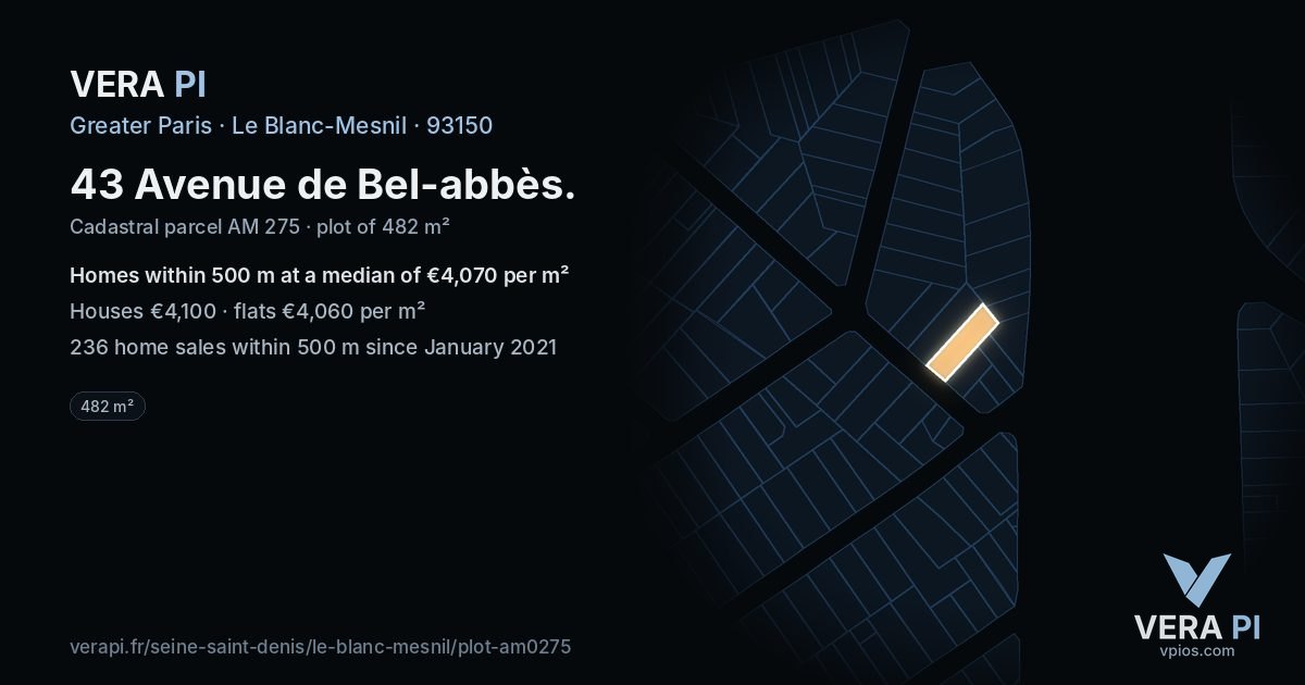 43 Avenue de Bel-abbès, Le Blanc-Mesnil at night – the plot lit, the parcels around coloured by the prices near them