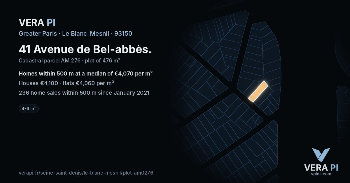 41 Avenue de Bel-abbès, Le Blanc-Mesnil at night – the plot lit, the parcels around coloured by the prices near them