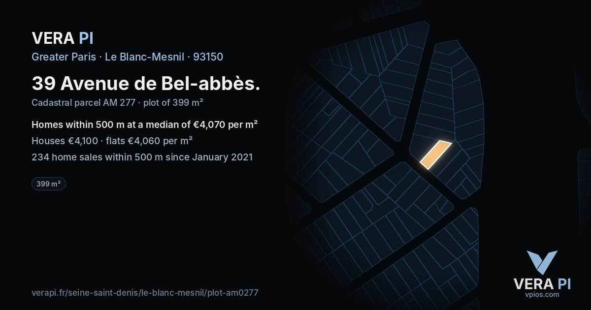 39 Avenue de Bel-abbès, Le Blanc-Mesnil at night – the plot lit, the parcels around coloured by the prices near them