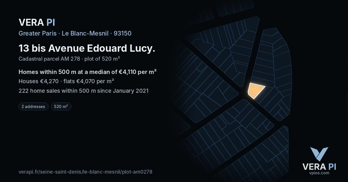 13 bis Avenue Edouard Lucy, Le Blanc-Mesnil at night – the plot lit, the parcels around coloured by the prices near them