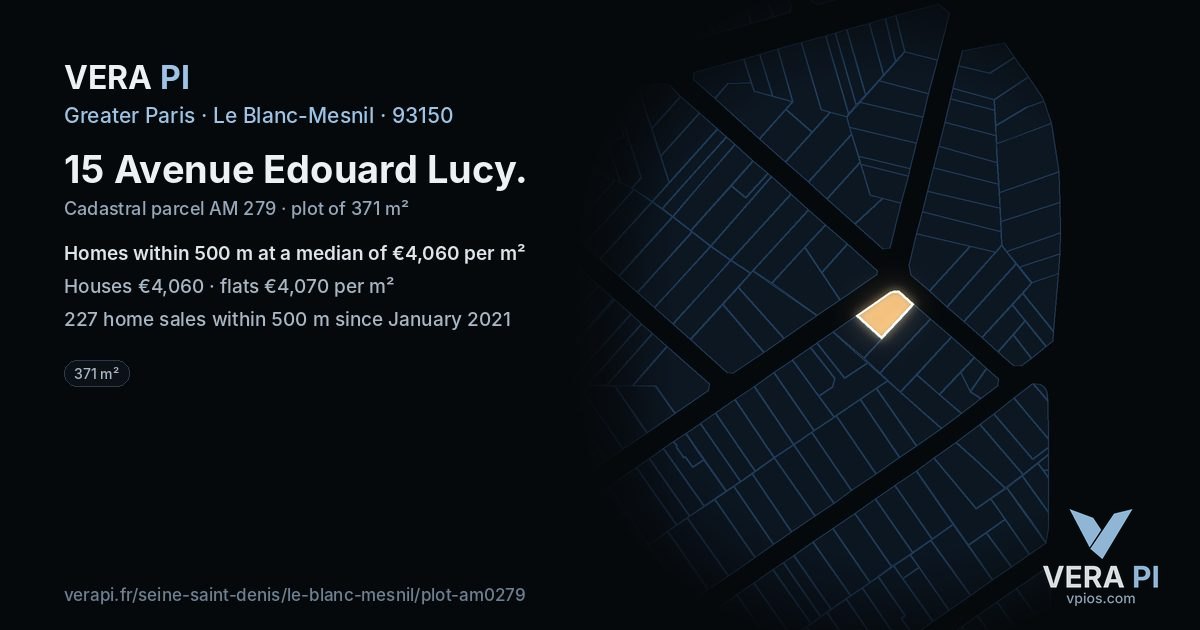 15 Avenue Edouard Lucy, Le Blanc-Mesnil at night – the plot lit, the parcels around coloured by the prices near them
