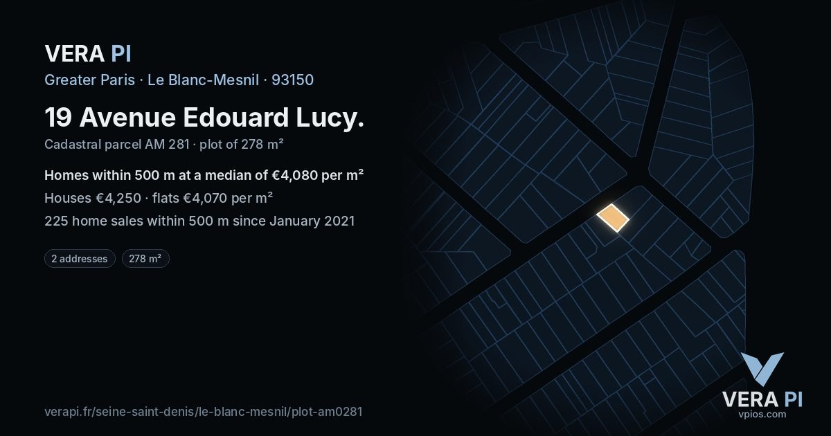 19 Avenue Edouard Lucy, Le Blanc-Mesnil at night – the plot lit, the parcels around coloured by the prices near them