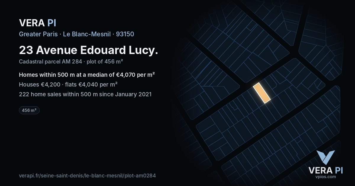 23 Avenue Edouard Lucy, Le Blanc-Mesnil at night – the plot lit, the parcels around coloured by the prices near them