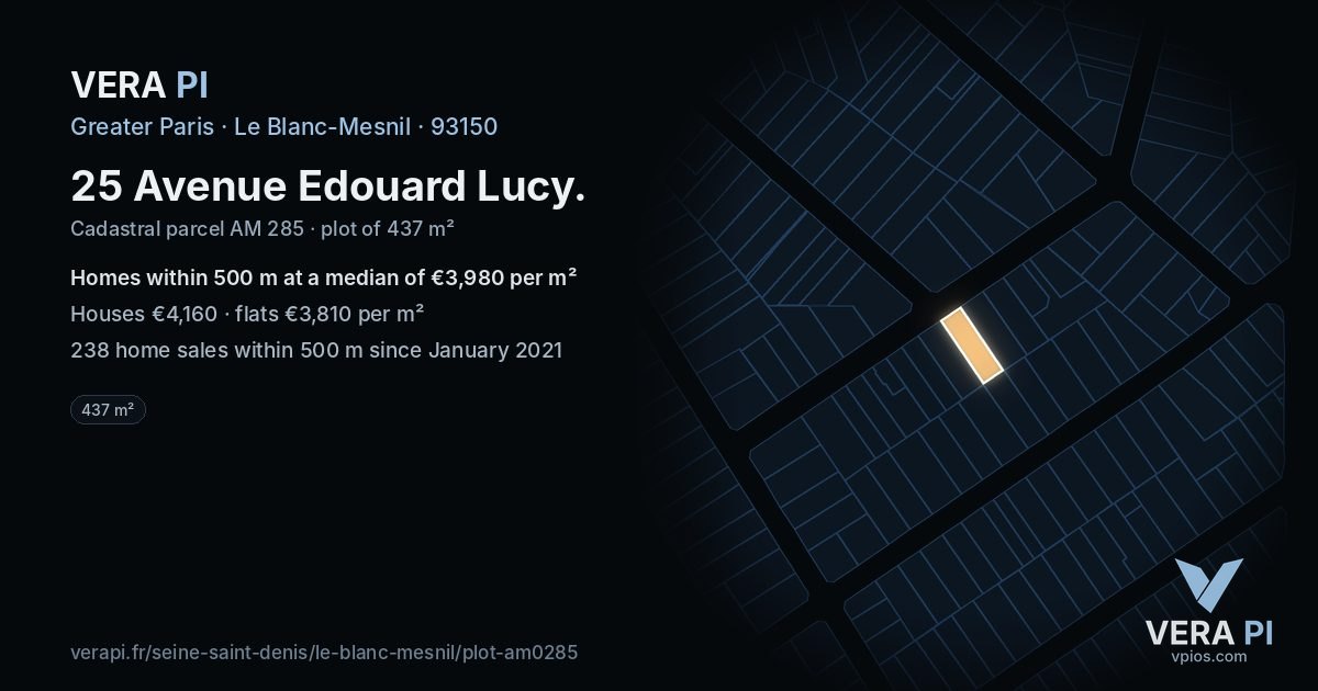 25 Avenue Edouard Lucy, Le Blanc-Mesnil at night – the plot lit, the parcels around coloured by the prices near them