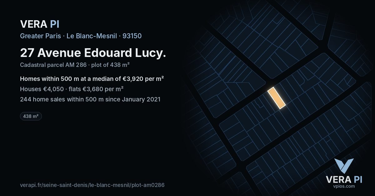 27 Avenue Edouard Lucy, Le Blanc-Mesnil at night – the plot lit, the parcels around coloured by the prices near them