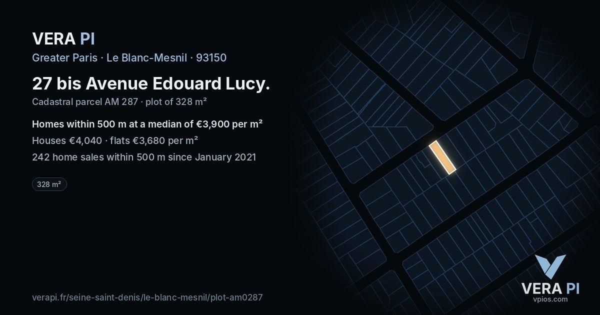 27 bis Avenue Edouard Lucy, Le Blanc-Mesnil at night – the plot lit, the parcels around coloured by the prices near them