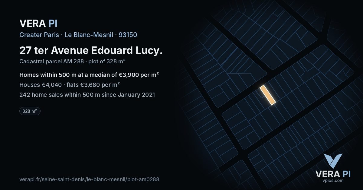 27 ter Avenue Edouard Lucy, Le Blanc-Mesnil at night – the plot lit, the parcels around coloured by the prices near them