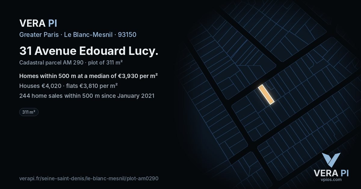 31 Avenue Edouard Lucy, Le Blanc-Mesnil at night – the plot lit, the parcels around coloured by the prices near them