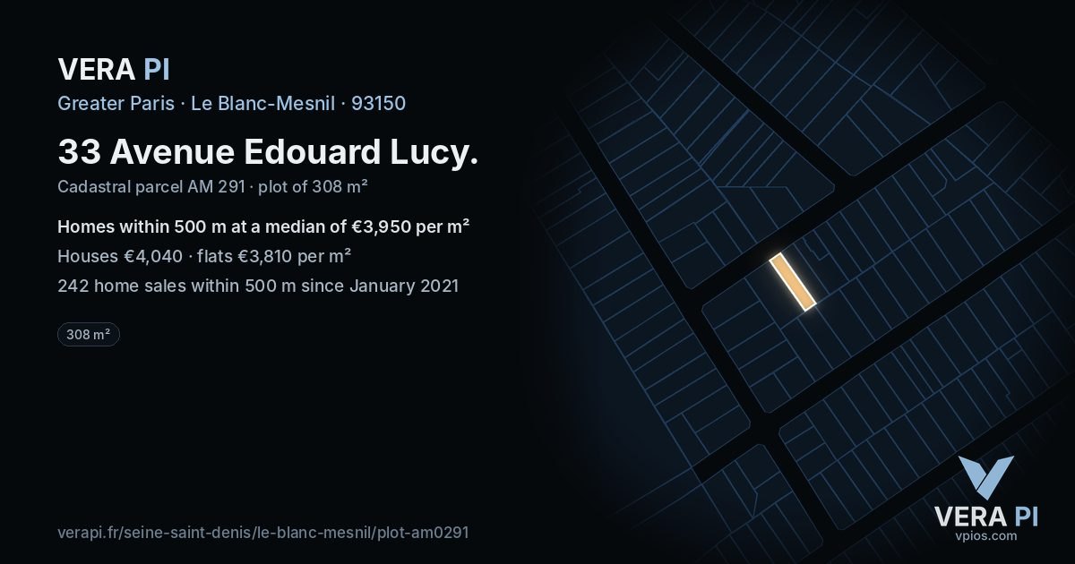 33 Avenue Edouard Lucy, Le Blanc-Mesnil at night – the plot lit, the parcels around coloured by the prices near them
