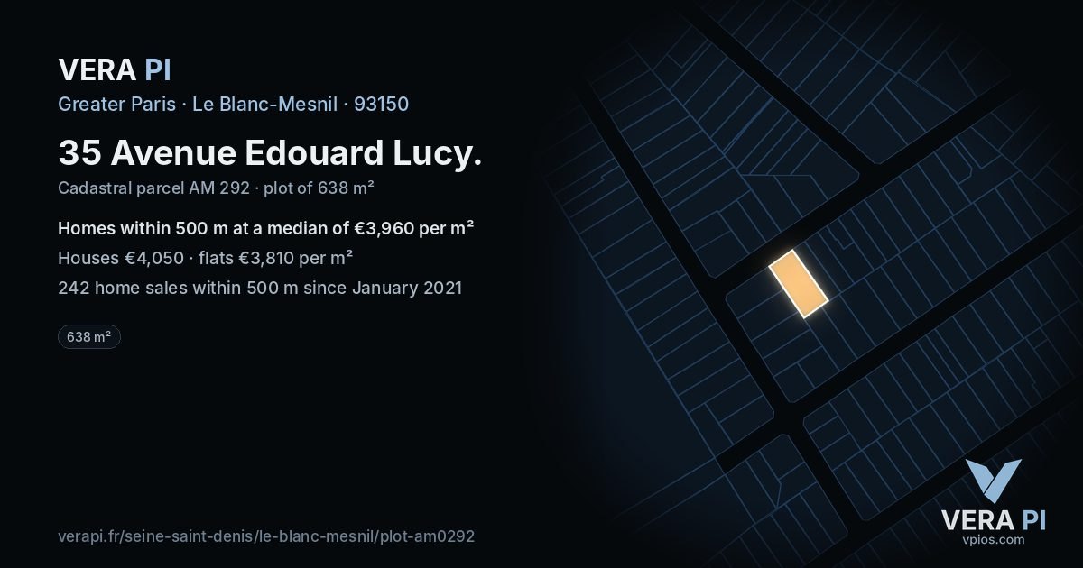 35 Avenue Edouard Lucy, Le Blanc-Mesnil at night – the plot lit, the parcels around coloured by the prices near them