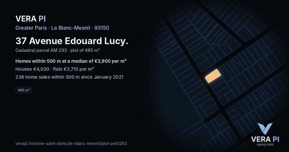 37 Avenue Edouard Lucy, Le Blanc-Mesnil at night – the plot lit, the parcels around coloured by the prices near them
