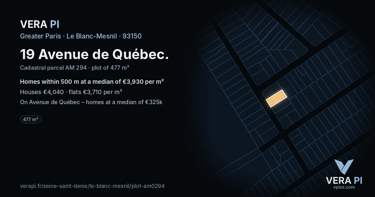 19 Avenue de Québec, Le Blanc-Mesnil at night – the plot lit, the parcels around coloured by the prices near them