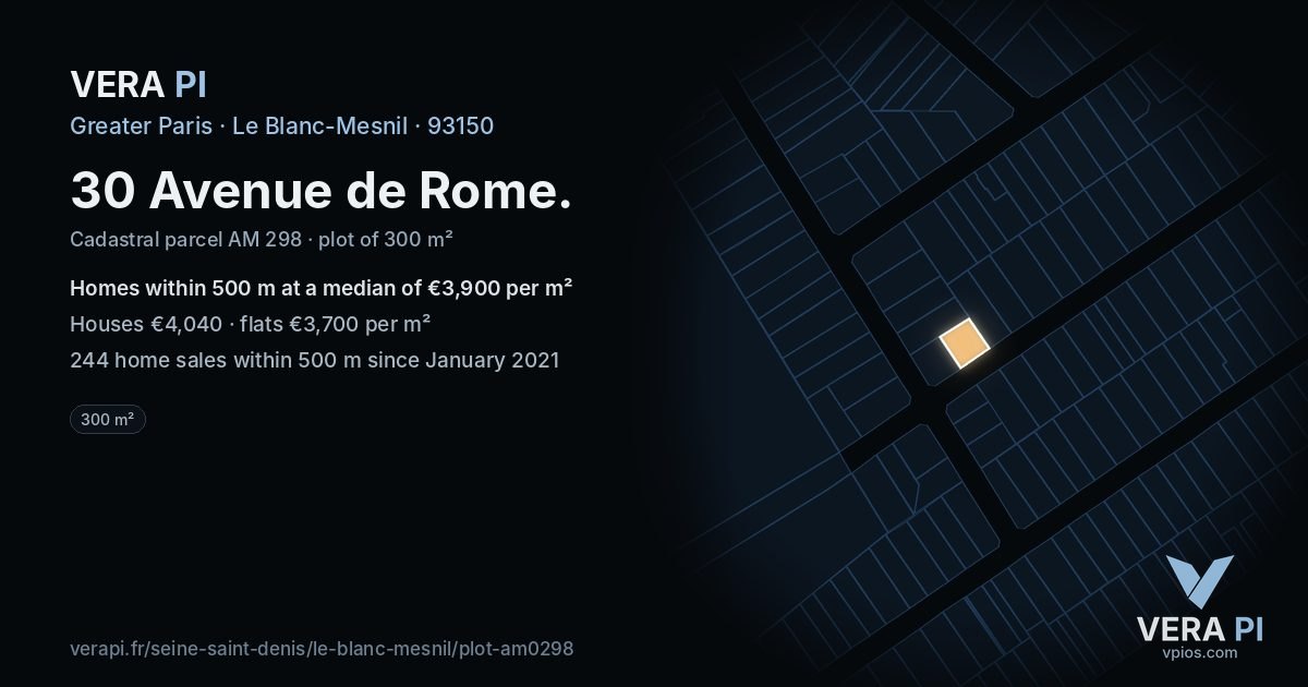 30 Avenue de Rome, Le Blanc-Mesnil at night – the plot lit, the parcels around coloured by the prices near them