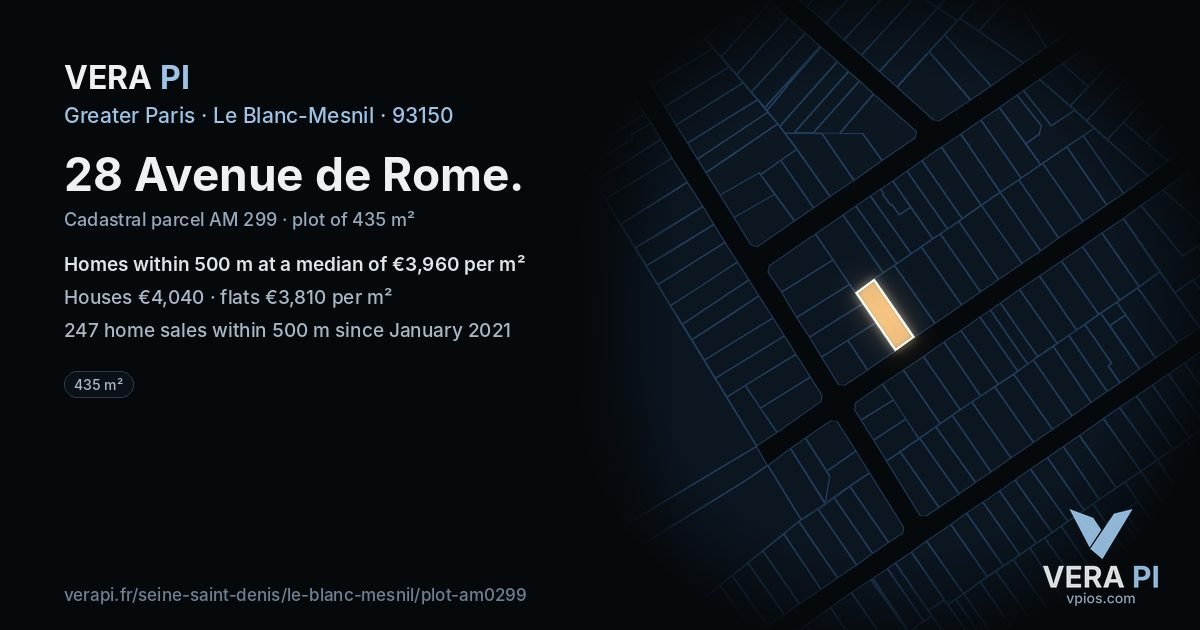 28 Avenue de Rome, Le Blanc-Mesnil at night – the plot lit, the parcels around coloured by the prices near them