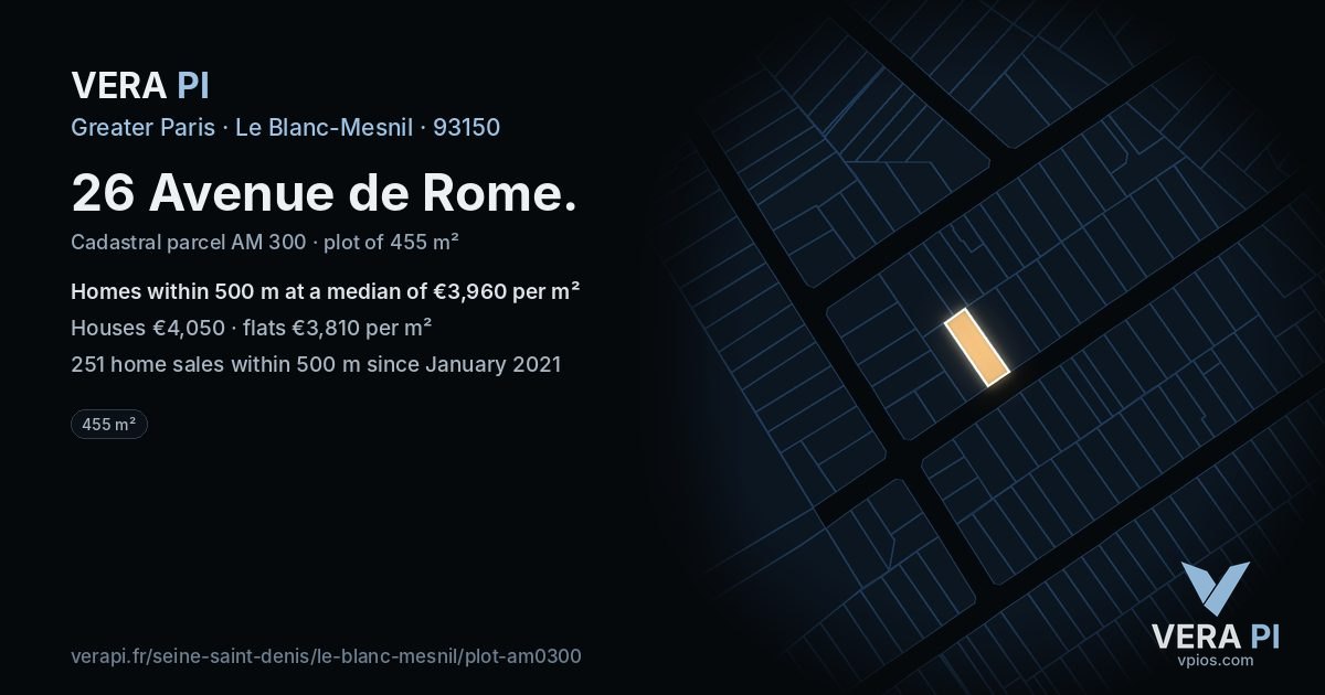 26 Avenue de Rome, Le Blanc-Mesnil at night – the plot lit, the parcels around coloured by the prices near them