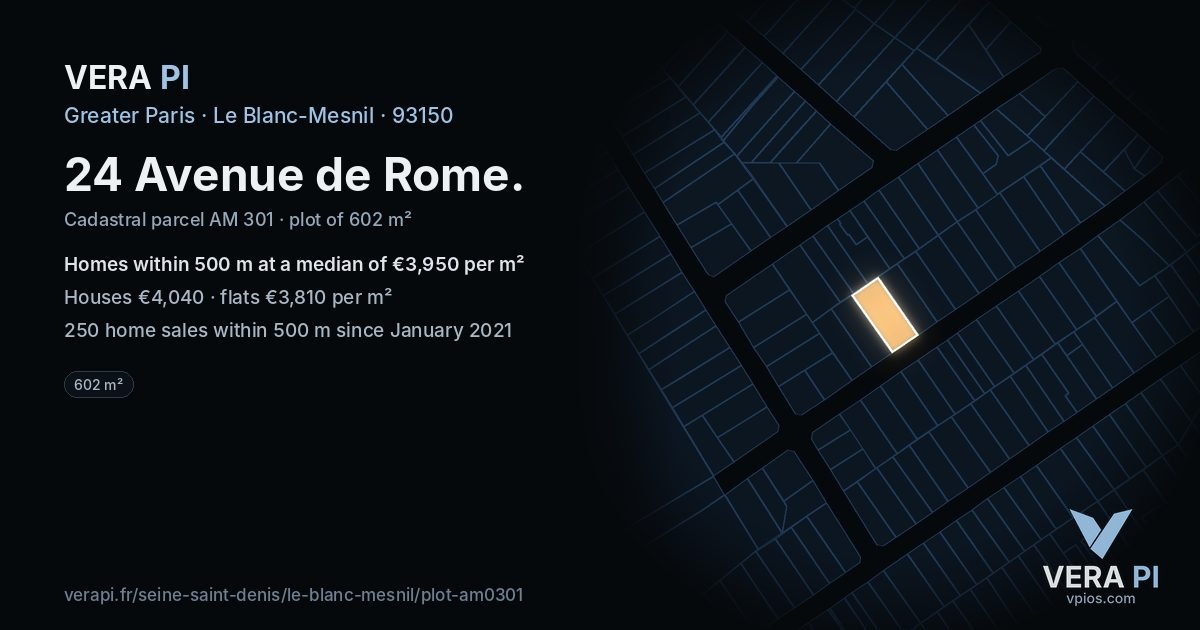 24 Avenue de Rome, Le Blanc-Mesnil at night – the plot lit, the parcels around coloured by the prices near them