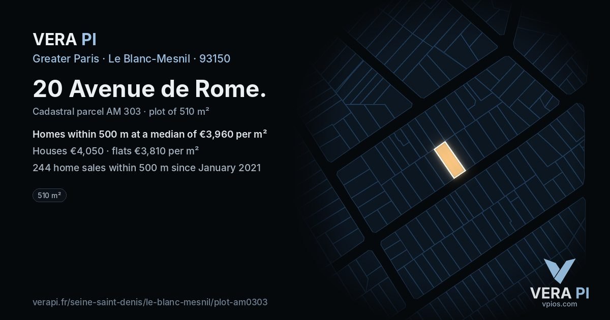 20 Avenue de Rome, Le Blanc-Mesnil at night – the plot lit, the parcels around coloured by the prices near them