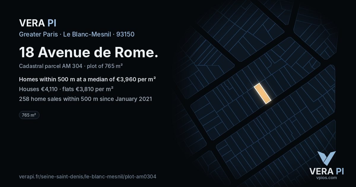 18 Avenue de Rome, Le Blanc-Mesnil at night – the plot lit, the parcels around coloured by the prices near them