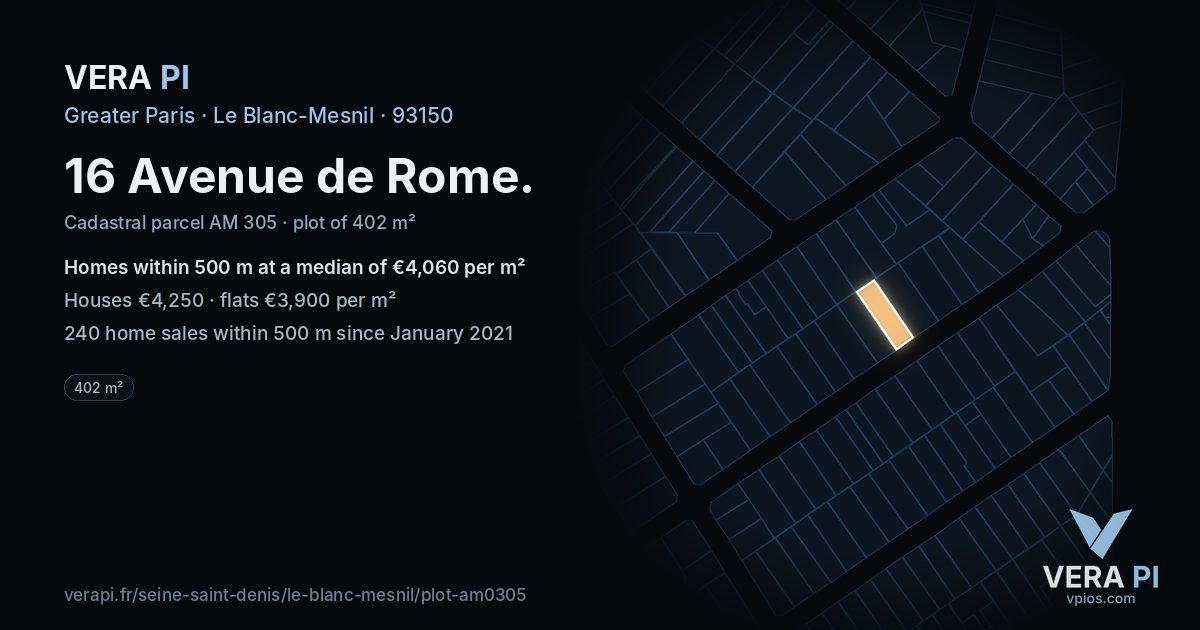 16 Avenue de Rome, Le Blanc-Mesnil at night – the plot lit, the parcels around coloured by the prices near them