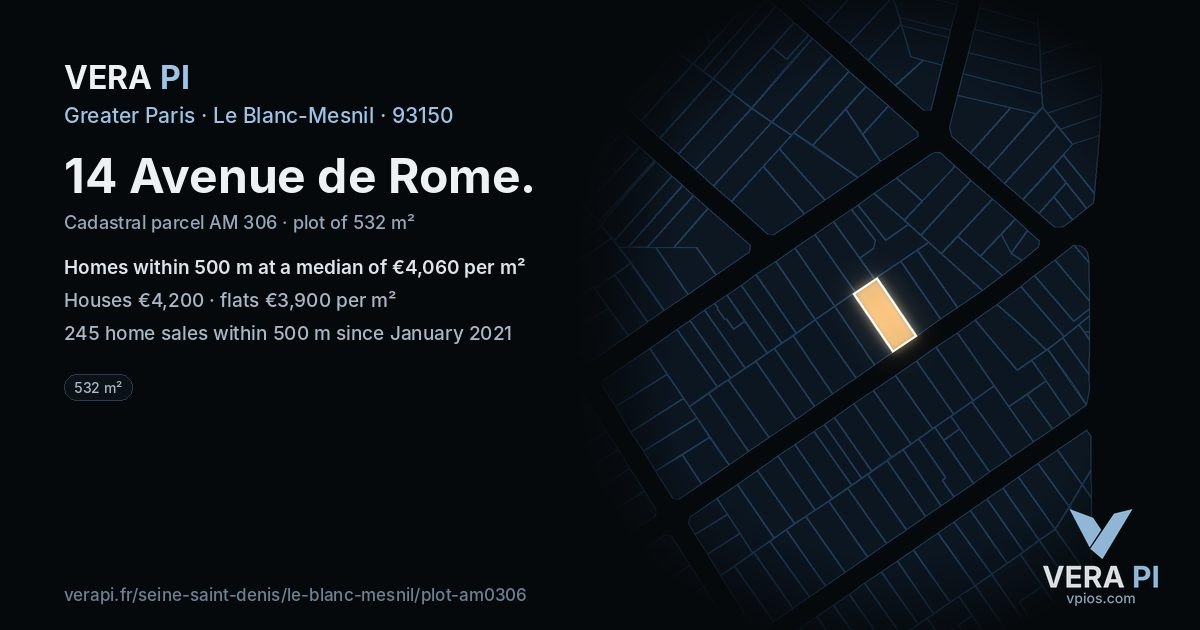 14 Avenue de Rome, Le Blanc-Mesnil at night – the plot lit, the parcels around coloured by the prices near them