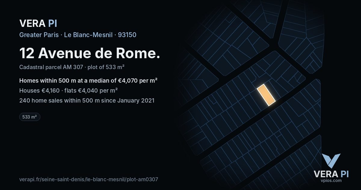 12 Avenue de Rome, Le Blanc-Mesnil at night – the plot lit, the parcels around coloured by the prices near them