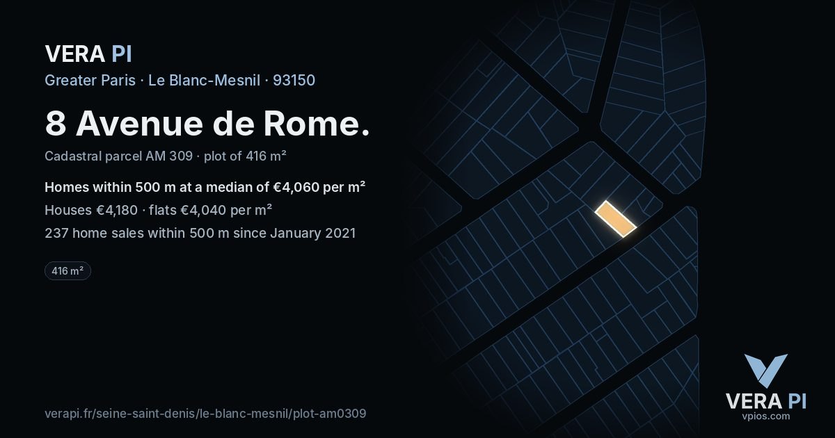 8 Avenue de Rome, Le Blanc-Mesnil at night – the plot lit, the parcels around coloured by the prices near them