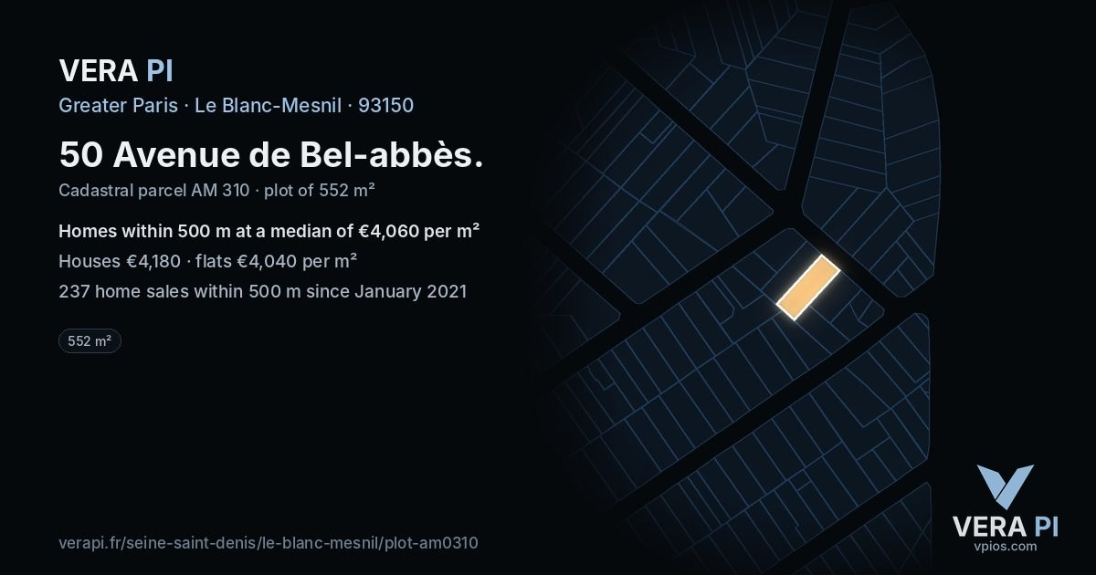 50 Avenue de Bel-abbès, Le Blanc-Mesnil at night – the plot lit, the parcels around coloured by the prices near them