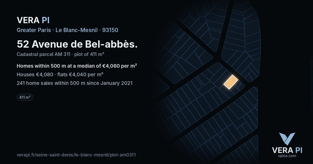 52 Avenue de Bel-abbès, Le Blanc-Mesnil at night – the plot lit, the parcels around coloured by the prices near them