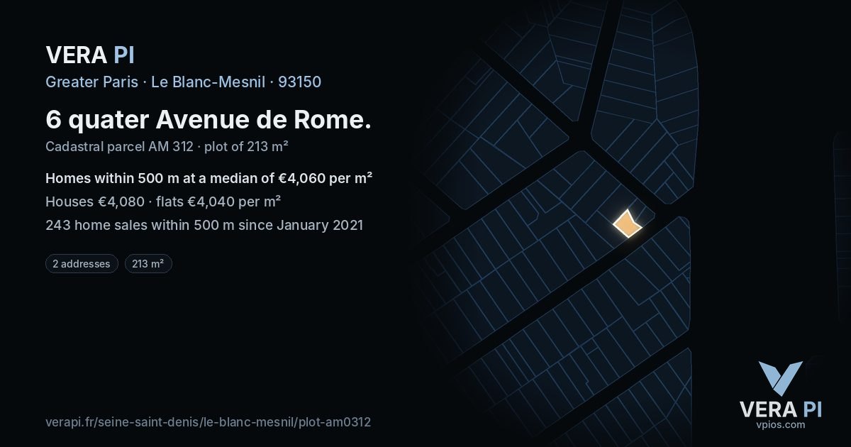 6 quater Avenue de Rome, Le Blanc-Mesnil at night – the plot lit, the parcels around coloured by the prices near them