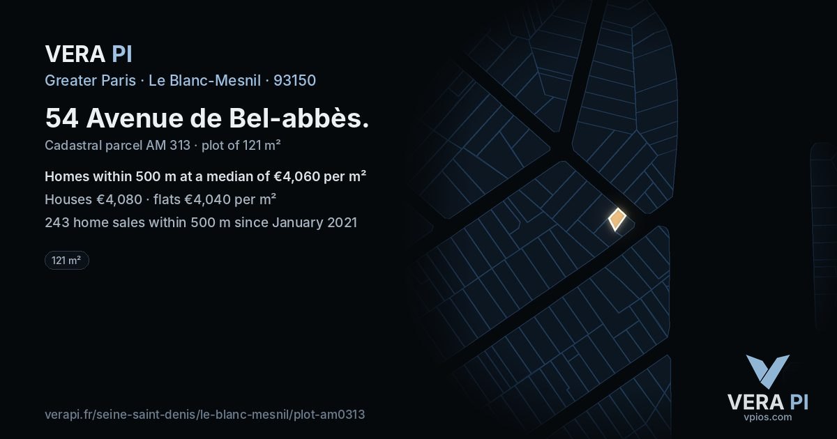 54 Avenue de Bel-abbès, Le Blanc-Mesnil at night – the plot lit, the parcels around coloured by the prices near them
