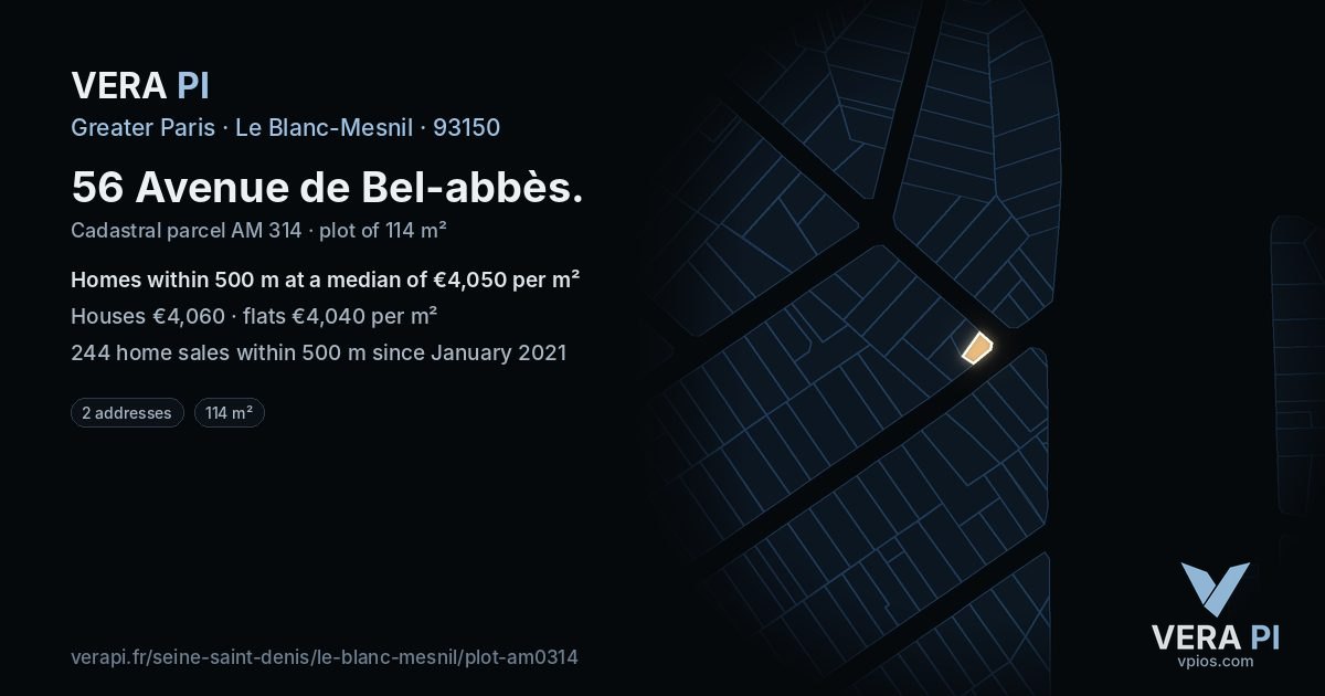 56 Avenue de Bel-abbès, Le Blanc-Mesnil at night – the plot lit, the parcels around coloured by the prices near them