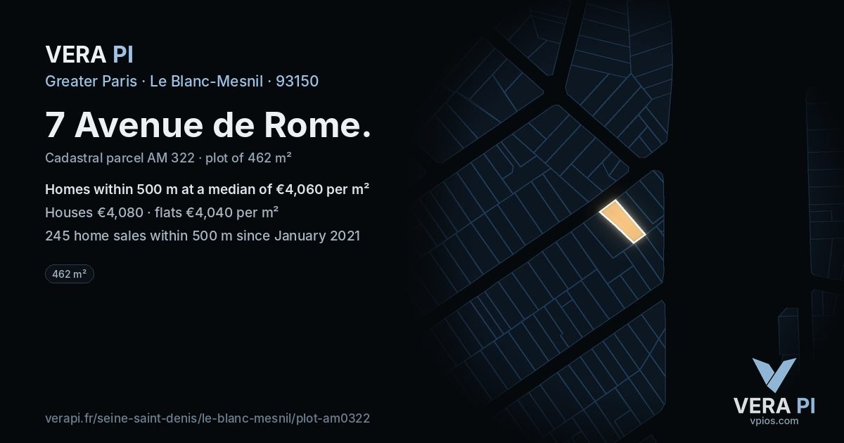 7 Avenue de Rome, Le Blanc-Mesnil at night – the plot lit, the parcels around coloured by the prices near them