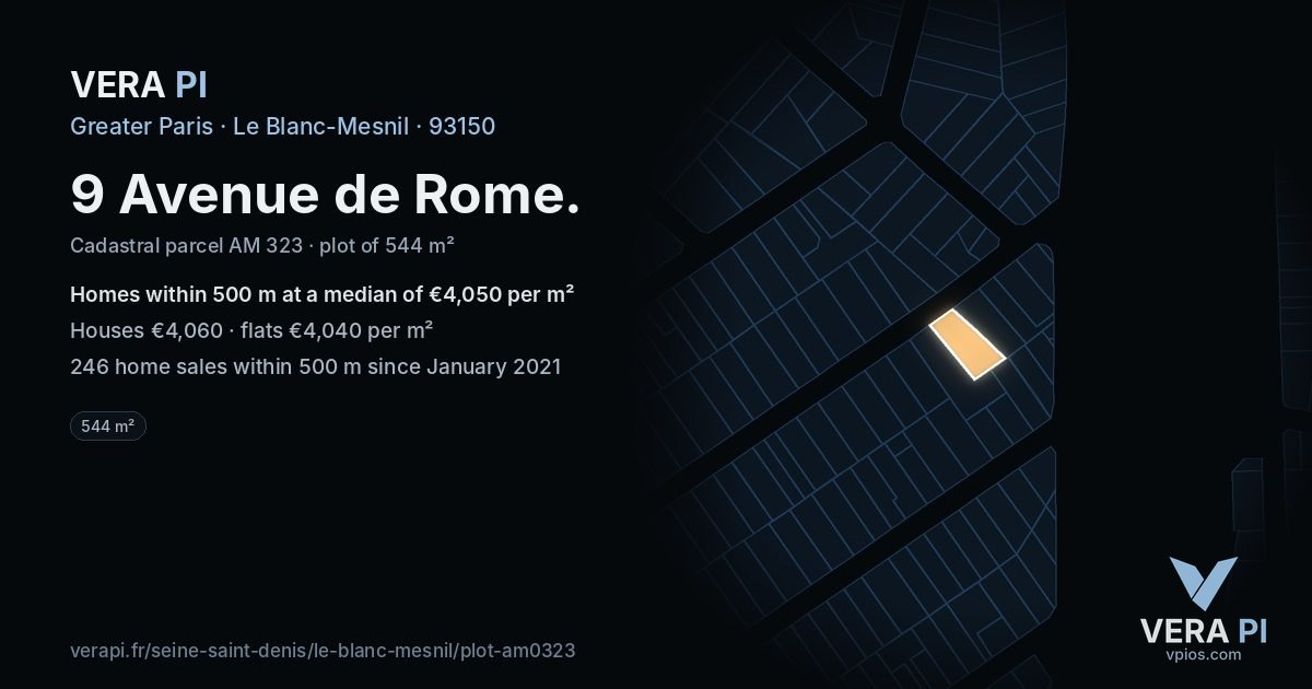 9 Avenue de Rome, Le Blanc-Mesnil at night – the plot lit, the parcels around coloured by the prices near them