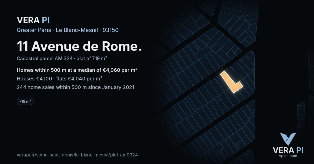 11 Avenue de Rome, Le Blanc-Mesnil at night – the plot lit, the parcels around coloured by the prices near them