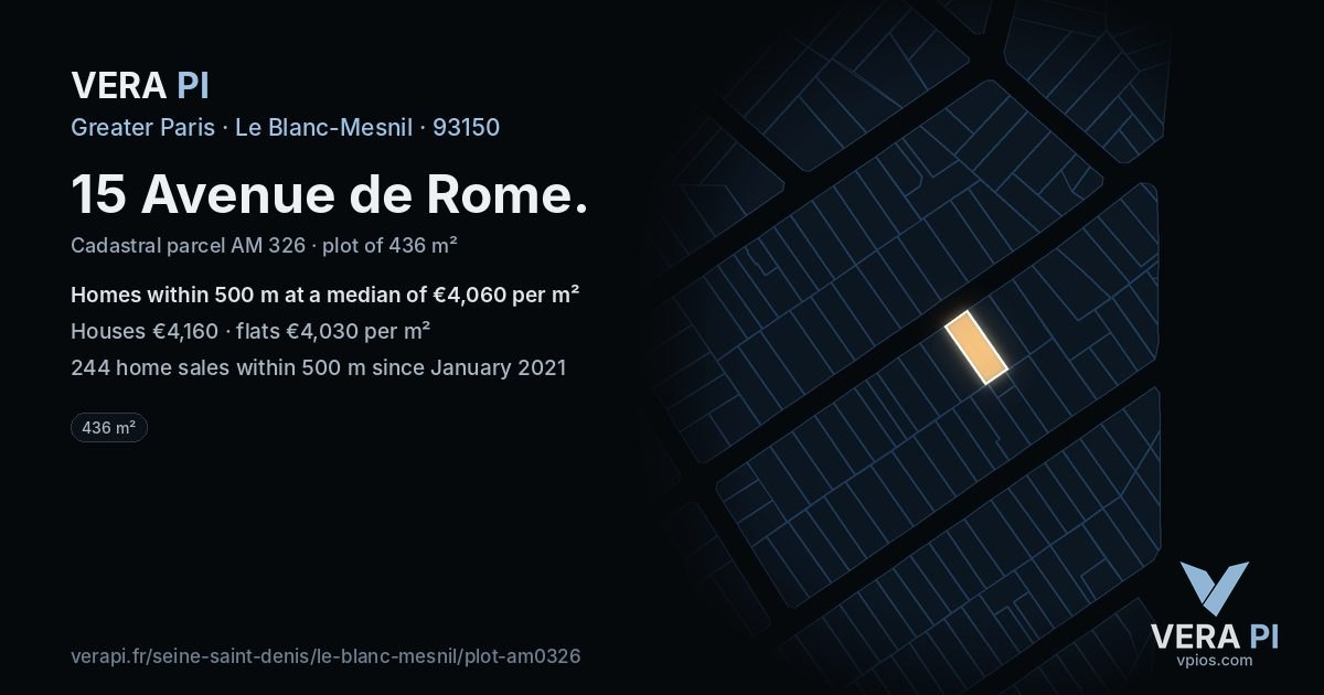 15 Avenue de Rome, Le Blanc-Mesnil at night – the plot lit, the parcels around coloured by the prices near them