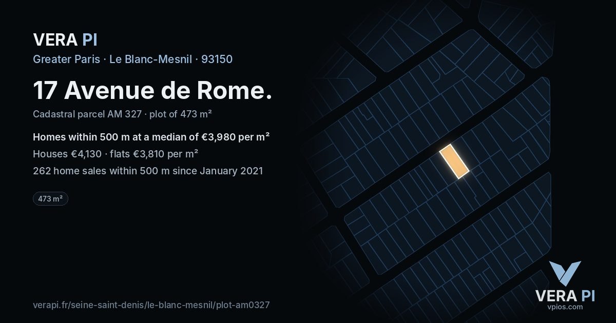 17 Avenue de Rome, Le Blanc-Mesnil at night – the plot lit, the parcels around coloured by the prices near them
