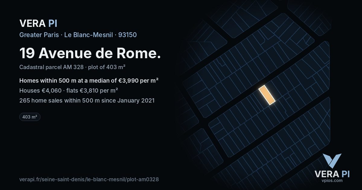 19 Avenue de Rome, Le Blanc-Mesnil at night – the plot lit, the parcels around coloured by the prices near them