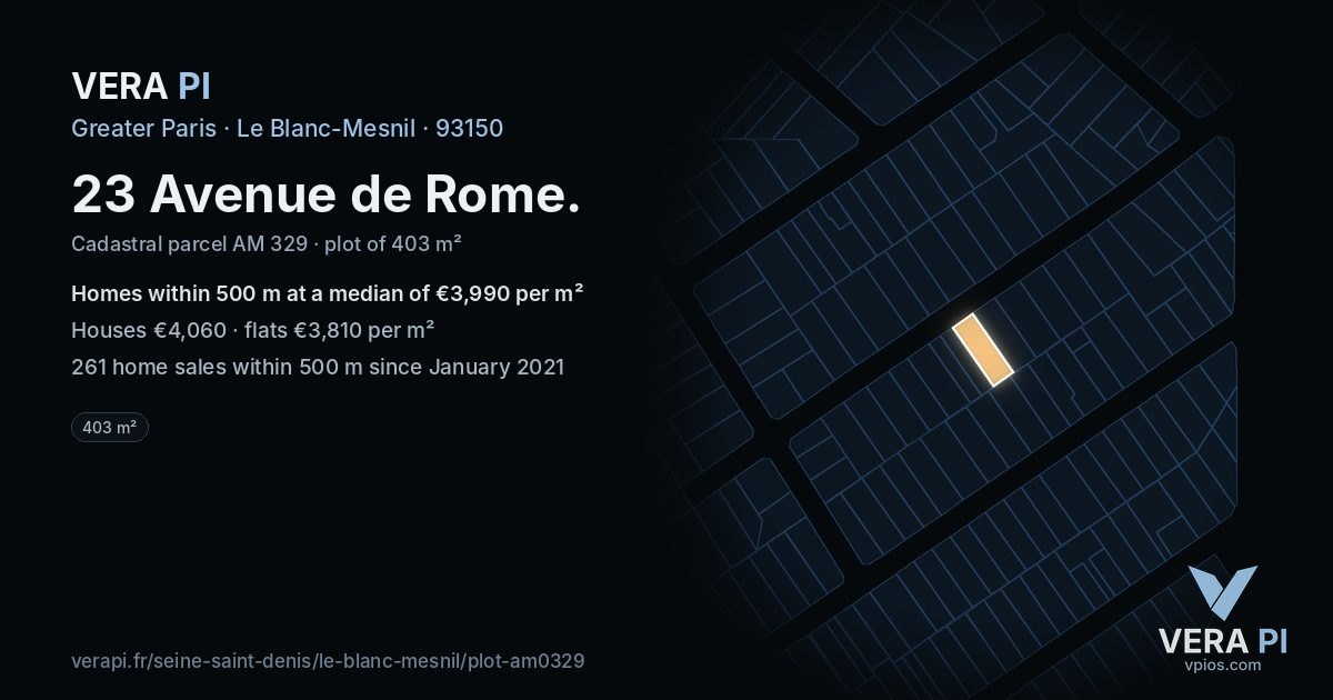 23 Avenue de Rome, Le Blanc-Mesnil at night – the plot lit, the parcels around coloured by the prices near them