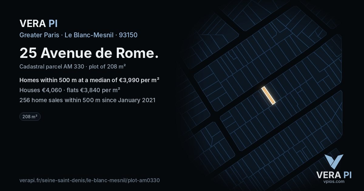 25 Avenue de Rome, Le Blanc-Mesnil at night – the plot lit, the parcels around coloured by the prices near them