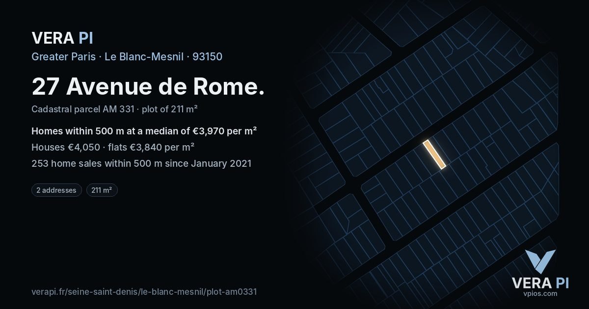 27 Avenue de Rome, Le Blanc-Mesnil at night – the plot lit, the parcels around coloured by the prices near them