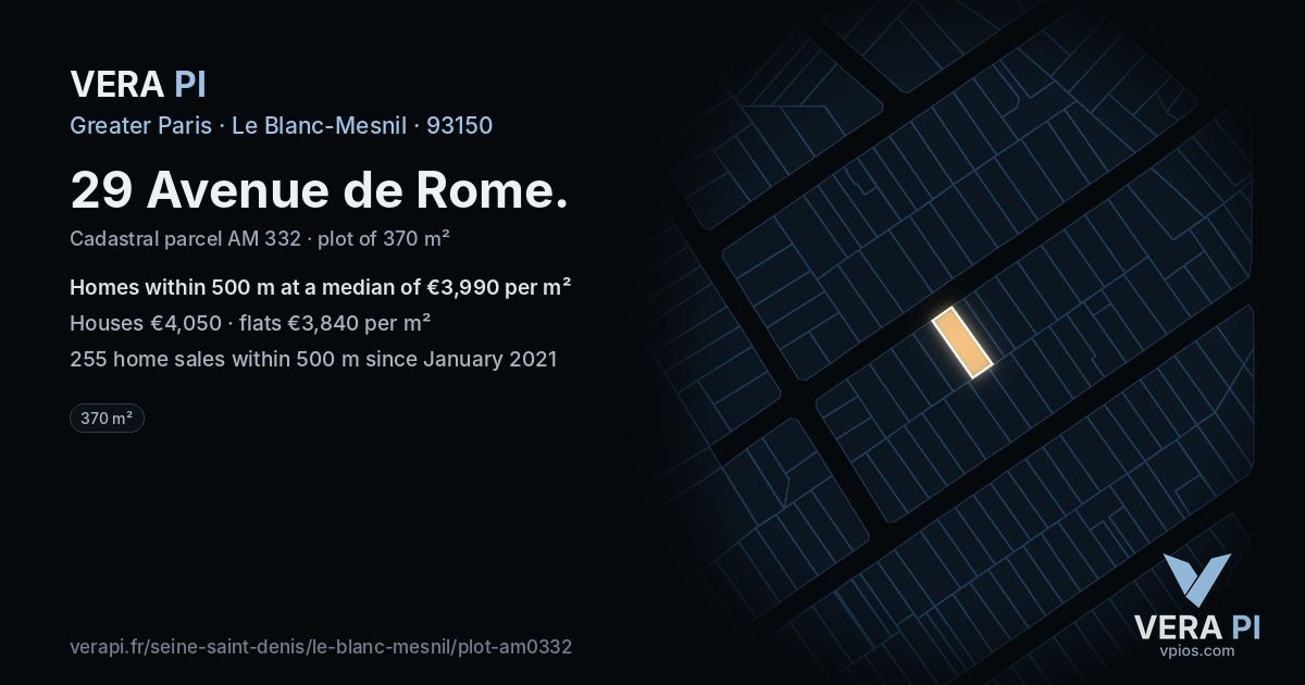 29 Avenue de Rome, Le Blanc-Mesnil at night – the plot lit, the parcels around coloured by the prices near them