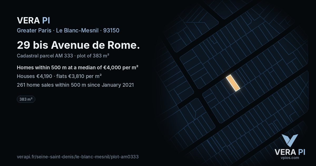 29 bis Avenue de Rome, Le Blanc-Mesnil at night – the plot lit, the parcels around coloured by the prices near them