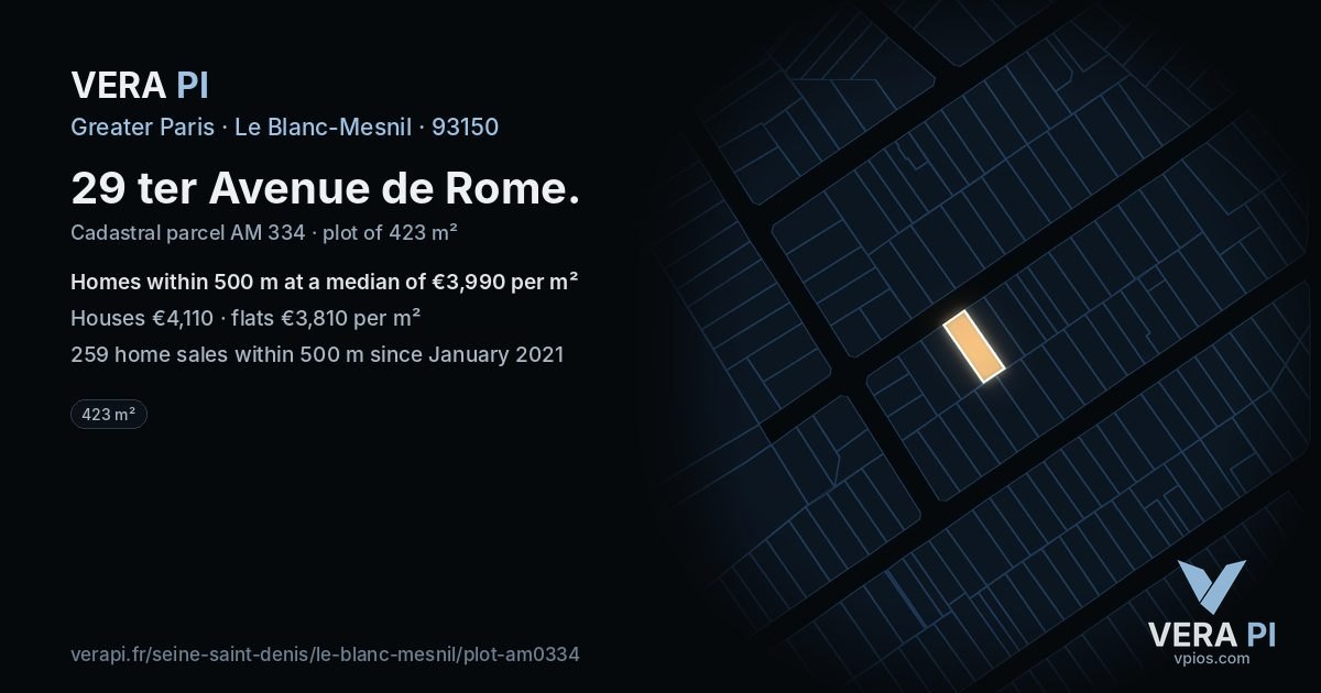 29 ter Avenue de Rome, Le Blanc-Mesnil at night – the plot lit, the parcels around coloured by the prices near them