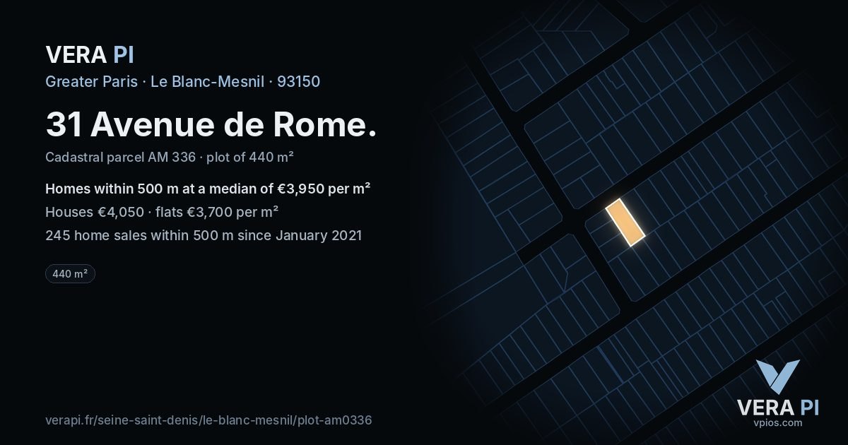 31 Avenue de Rome, Le Blanc-Mesnil at night – the plot lit, the parcels around coloured by the prices near them